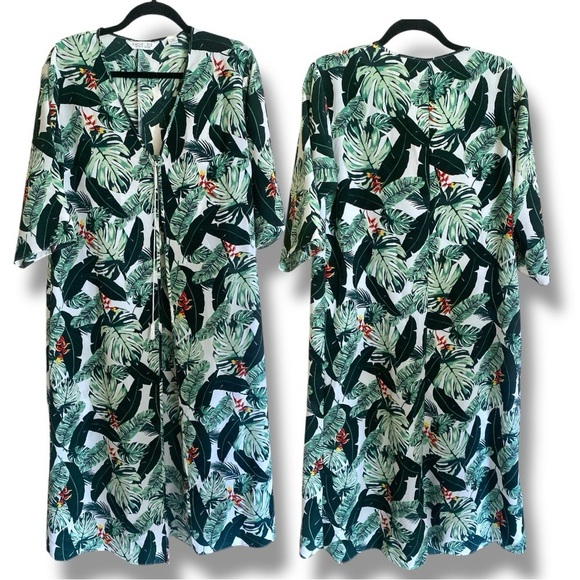 RACHEL ZOE Tropical Leaf Print Kimono Midi Length One Size Beach Cover Layer - Picture 10 of 11